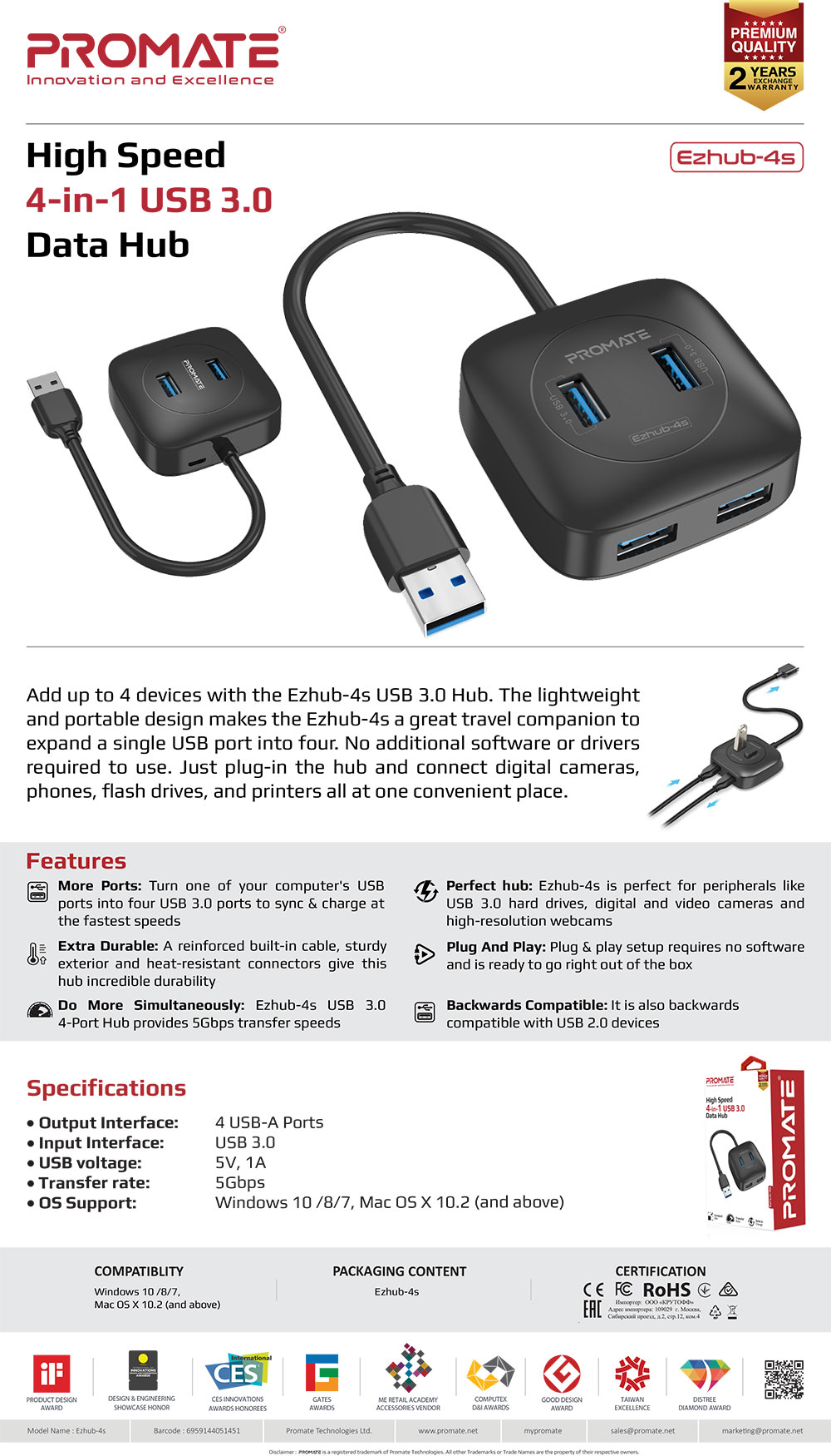 Picture of Promate USB Hub Premium 4 Port USB 3.0 Splitter with Ultra-Fast 5Gbps Sync Charge Hub Built-In USB 3.0 Cable and Over-Current Protection for Mac OS Notebook Windows USB Flash Drive EzHub-4s