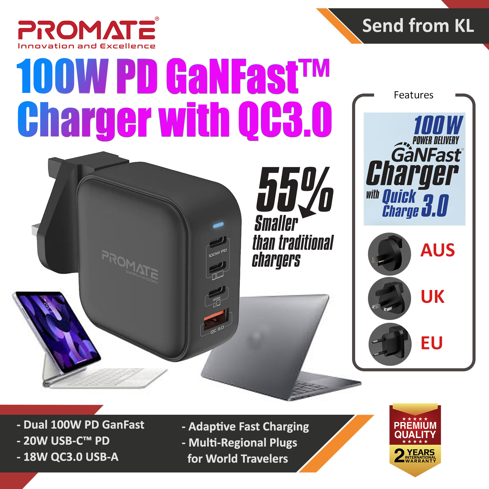 Picture of Promate GaN USB-C� Charger 100W GaN Technology Fast Dual Type-C� Power Delivery Laptop Charger with 20W Power Delivery USB-C� Port 18W QC 3.0 Port and Multi-Regional Plugs for MacBook Pro iPad Pro iPhone 14 GaNPort4-100PD Red Design- Red Design Cases, Red Design Covers, iPad Cases and a wide selection of Red Design Accessories in Malaysia, Sabah, Sarawak and Singapore 