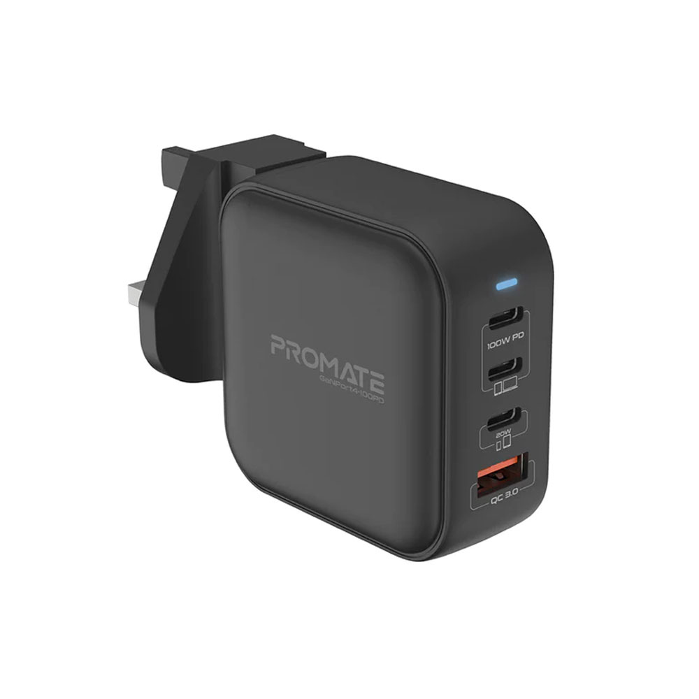 Picture of Promate GaN USB-C� Charger 100W GaN Technology Fast Dual Type-C� Power Delivery Laptop Charger with 20W Power Delivery USB-C� Port 18W QC 3.0 Port and Multi-Regional Plugs for MacBook Pro iPad Pro iPhone 14 GaNPort4-100PD