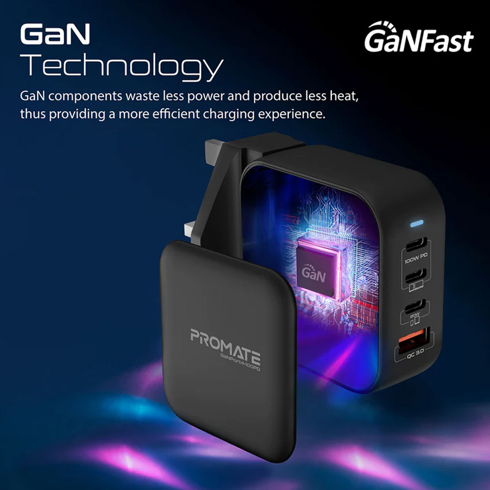 Picture of Promate GaN USB-C� Charger 100W GaN Technology Fast Dual Type-C� Power Delivery Laptop Charger with 20W Power Delivery USB-C� Port 18W QC 3.0 Port and Multi-Regional Plugs for MacBook Pro iPad Pro iPhone 14 GaNPort4-100PD