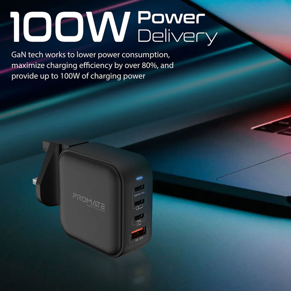 Picture of Promate GaN USB-C� Charger 100W GaN Technology Fast Dual Type-C� Power Delivery Laptop Charger with 20W Power Delivery USB-C� Port 18W QC 3.0 Port and Multi-Regional Plugs for MacBook Pro iPad Pro iPhone 14 GaNPort4-100PD
