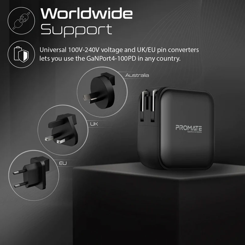 Picture of Promate GaN USB-C� Charger 100W GaN Technology Fast Dual Type-C� Power Delivery Laptop Charger with 20W Power Delivery USB-C� Port 18W QC 3.0 Port and Multi-Regional Plugs for MacBook Pro iPad Pro iPhone 14 GaNPort4-100PD