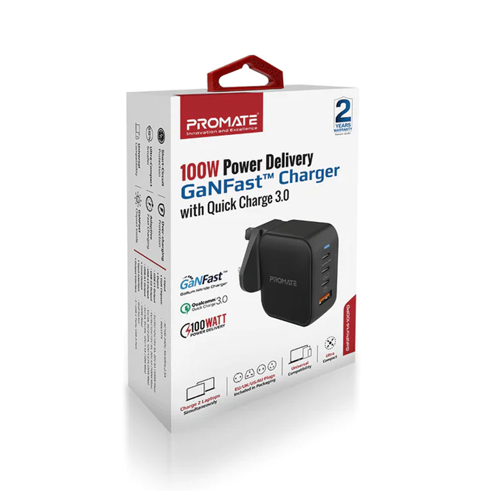 Picture of Promate GaN USB-C� Charger 100W GaN Technology Fast Dual Type-C� Power Delivery Laptop Charger with 20W Power Delivery USB-C� Port 18W QC 3.0 Port and Multi-Regional Plugs for MacBook Pro iPad Pro iPhone 14 GaNPort4-100PD