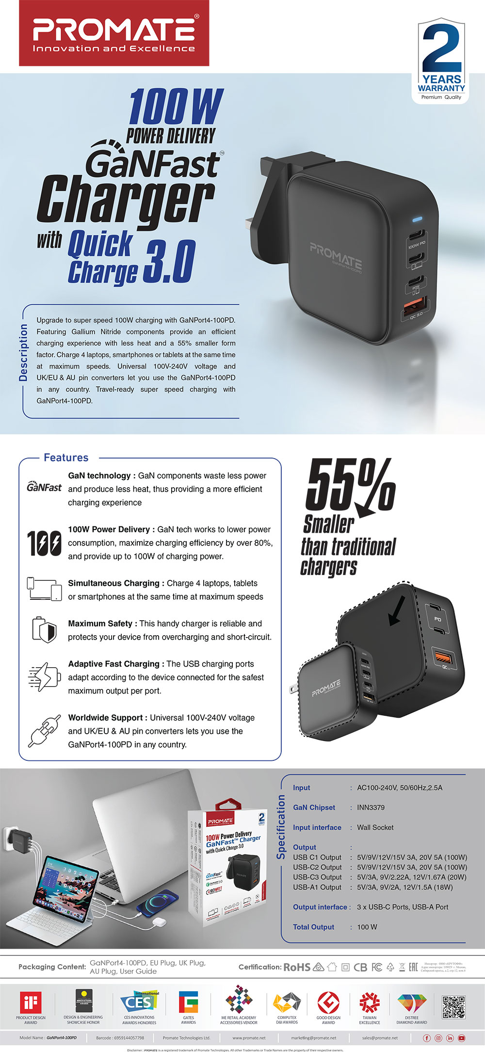 Picture of Promate GaN USB-C� Charger 100W GaN Technology Fast Dual Type-C� Power Delivery Laptop Charger with 20W Power Delivery USB-C� Port 18W QC 3.0 Port and Multi-Regional Plugs for MacBook Pro iPad Pro iPhone 14 GaNPort4-100PD