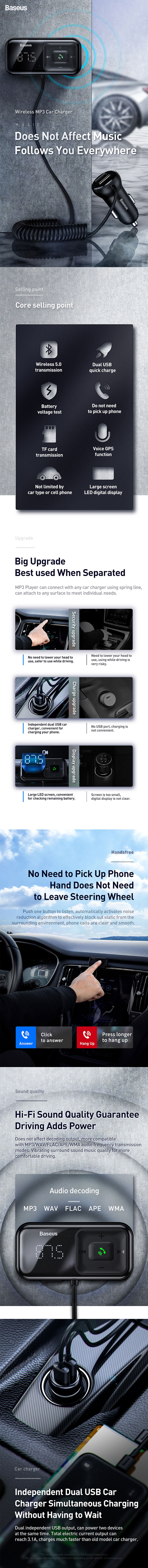 Picture of Baseus Wireless Bluetooth MP3 Dual USB Car Charger Battery Voltaga Monitoring Car Charger Hand Free Call Car Charger TF Card Aux Music Playback Car Charger