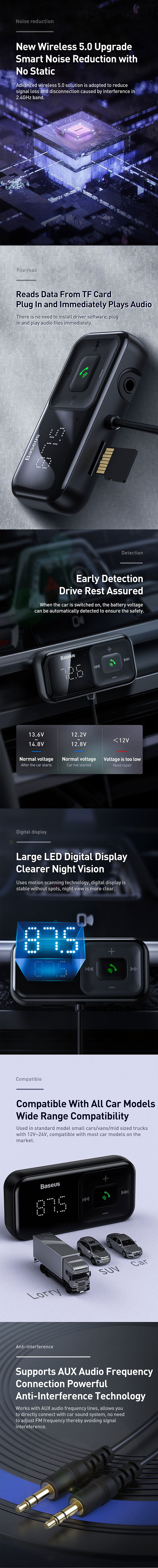 Picture of Baseus Wireless Bluetooth MP3 Dual USB Car Charger Battery Voltaga Monitoring Car Charger Hand Free Call Car Charger TF Card Aux Music Playback Car Charger