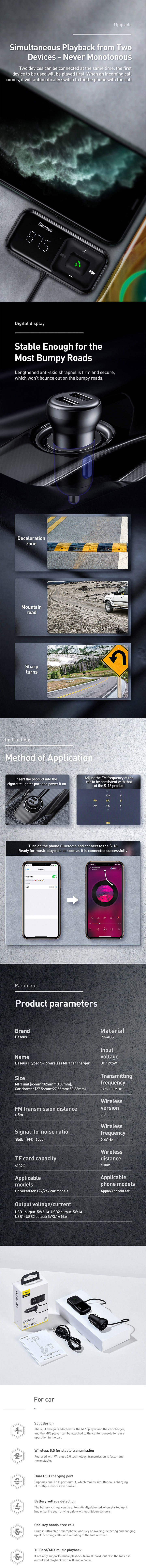 Picture of Baseus Wireless Bluetooth MP3 Dual USB Car Charger Battery Voltaga Monitoring Car Charger Hand Free Call Car Charger TF Card Aux Music Playback Car Charger