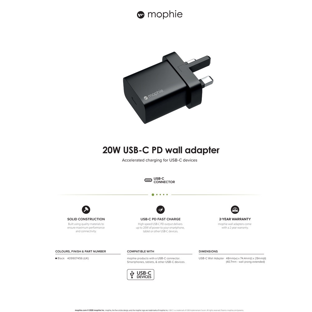 Picture of  Apple iPhone 11 Pro Max 6.5 Charger | Mophie USB-C 20W PD Wall Charger Traver Charger Compact Charger for iPhone 11 Pro Max 12 Pro Max 13 Pro Max (UK Black)