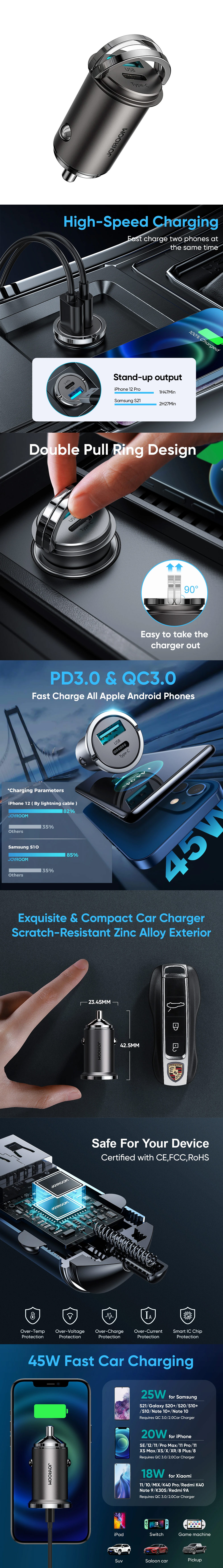Picture of Joyroom 45W Mini Fast Speed High Speed Zinc Alloy Car Charger PD Delivery FCP AFC QC3.0 for iPhone 12 Pro Max iPhone 12 Mini iPhone 11 Pro Max Galaxy S21 Ultra Note 20 Ultra Huawei Mate 40 Pro P40 Pro (Tarnish)