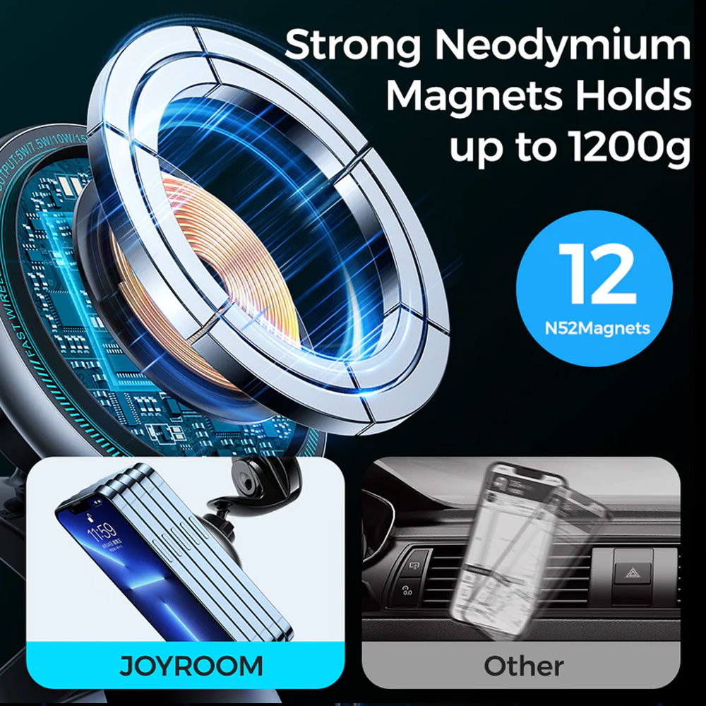 Picture of Joyroom Strong N52 Magnetic 15W Fast Wireless Car Charger Car Mount Phone Holder Air Vent Air Con Car Mount Holder (Black)