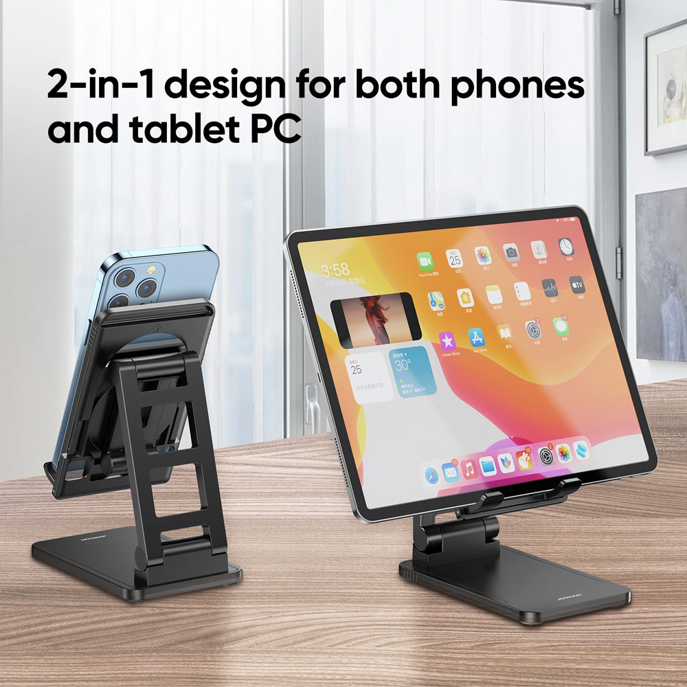 Picture of Joyroom ABS Pocket Size Mini Foldable Retractable Desktop Stand Holder Adjustable Phone Stand Tablet Stand Phone Holder iPad Holder with Space for Magsafe Charger for Online Study Online Meeting Movie View for iPhone 13 Pro Max iPad (Black)