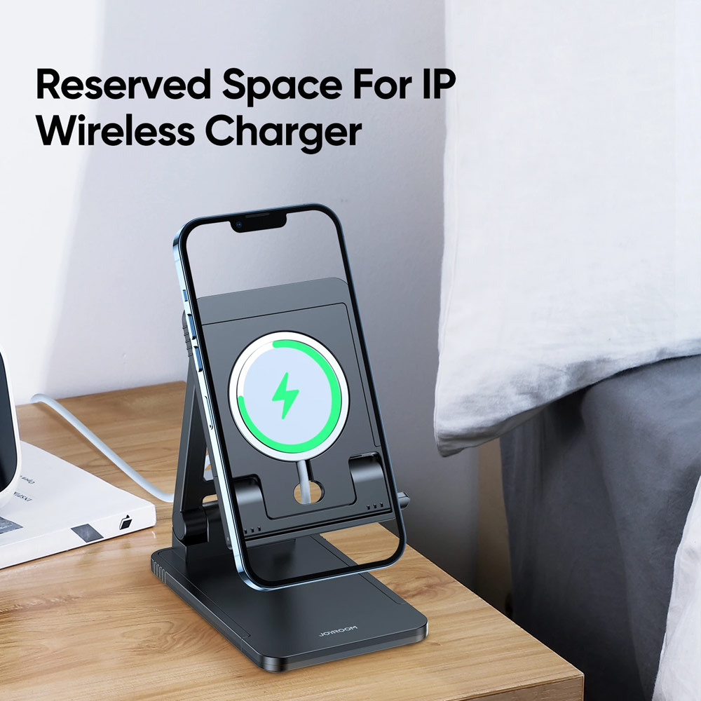 Picture of Joyroom ABS Pocket Size Mini Foldable Retractable Desktop Stand Holder Adjustable Phone Stand Tablet Stand Phone Holder iPad Holder with Space for Magsafe Charger for Online Study Online Meeting Movie View for iPhone 13 Pro Max iPad (Black)