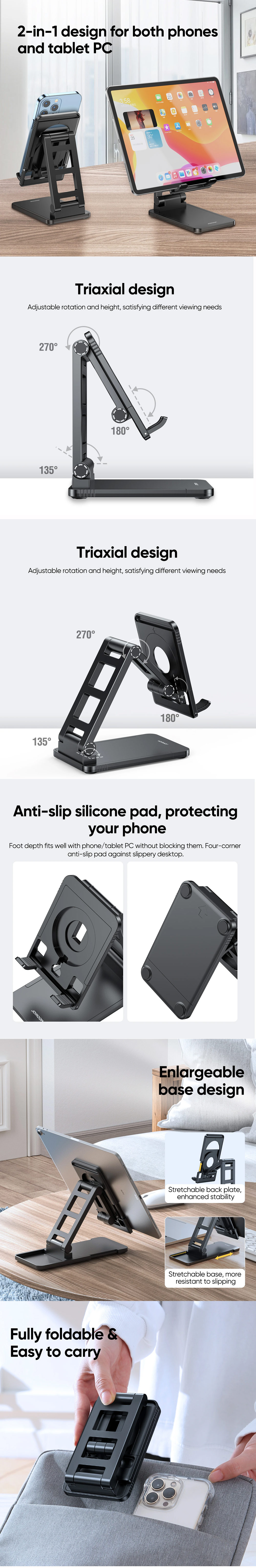 Picture of Joyroom ABS Pocket Size Mini Foldable Retractable Desktop Stand Holder Adjustable Phone Stand Tablet Stand Phone Holder iPad Holder with Space for Magsafe Charger for Online Study Online Meeting Movie View for iPhone 13 Pro Max iPad (Black)