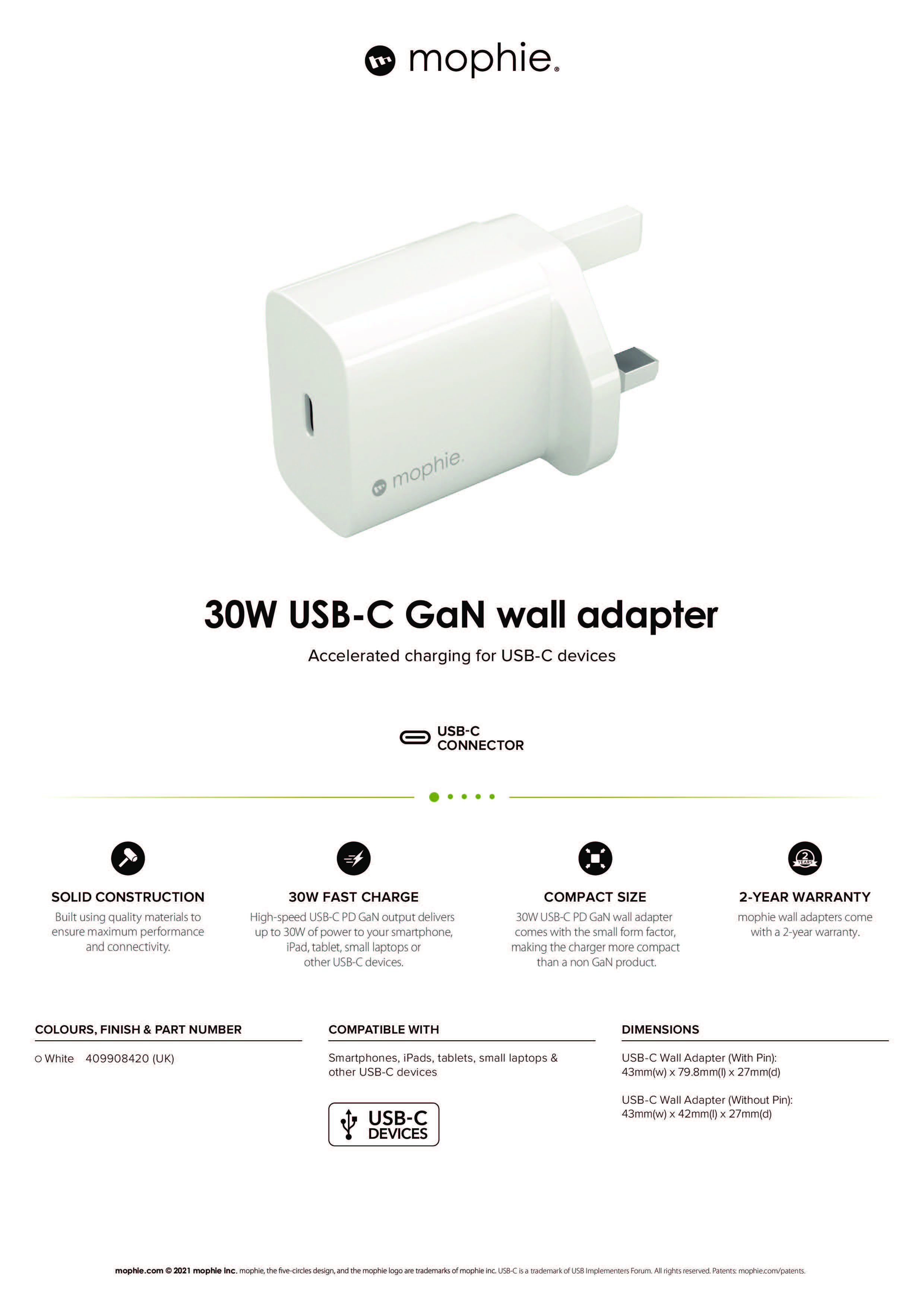 Picture of  Apple iPhone 11 Pro Max 6.5 Charger | Mophie USB-C 30W PD Gan Wall Charger Traver Charger Compact Charger for iPhone 11 Pro Max 12 Pro Max 13 Pro Max (UK White)