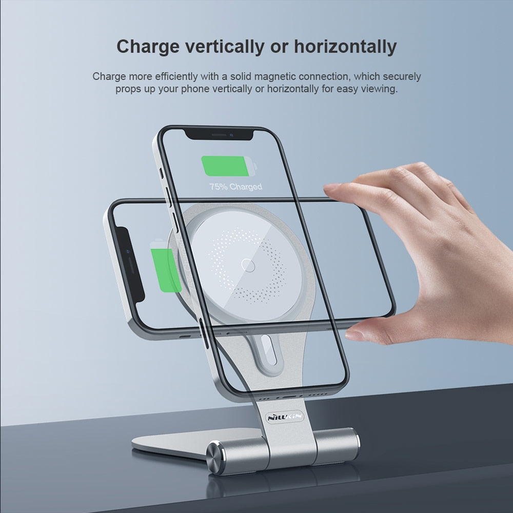 Picture of  Apple iPhone 12 6.1  | Nillkin MagStand Wireless Charging Foldable Stand with Heat Dissipation Cooling for Magsafe Compatible for iPhone 12 iPhone 13 Pro Max (Silver)