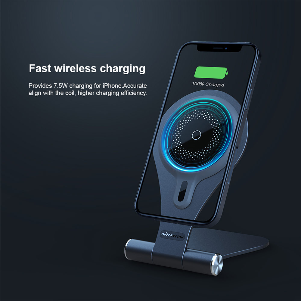 Picture of  Apple iPhone 12 6.1  | Nillkin MagStand Wireless Charging Foldable Stand with Heat Dissipation Cooling for Magsafe Compatible for iPhone 12 iPhone 13 Pro Max (Silver)