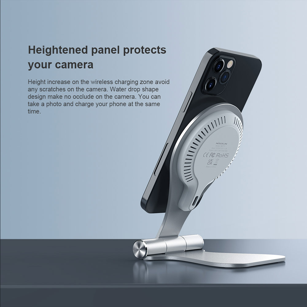 Picture of  Apple iPhone 12 6.1  | Nillkin MagStand Wireless Charging Foldable Stand with Heat Dissipation Cooling for Magsafe Compatible for iPhone 12 iPhone 13 Pro Max (Silver)