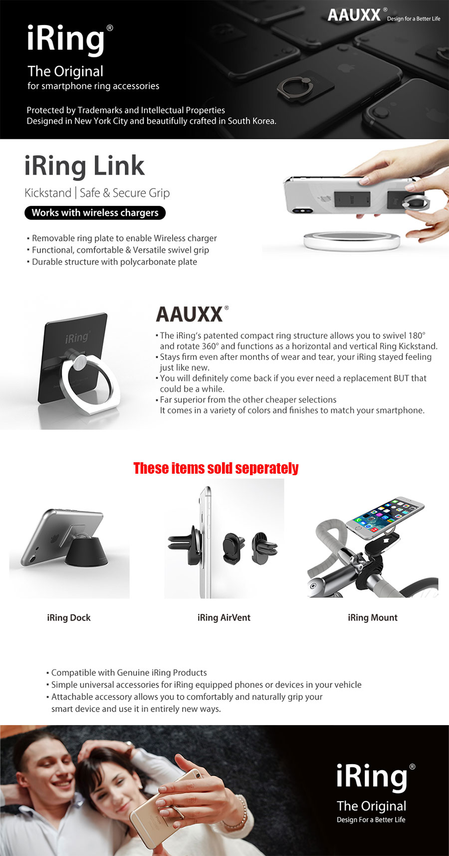 Picture of AAUXX iRing Link Universal Phone Grip and Stand Compatible with wireless charging (Matt Black)