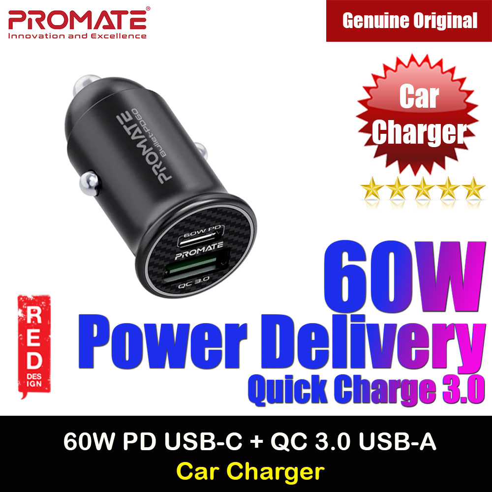 Picture of Promate 60W USB-C� Car Charger Super-Fast Type-C� Power Delivery Car Charger with 18W Quick Charge 3.0 USB A Aluminum Alloy and Over Charging Protection for MacBook Laptops iPhone Bullet-PD60 Red Design- Red Design Cases, Red Design Covers, iPad Cases and a wide selection of Red Design Accessories in Malaysia, Sabah, Sarawak and Singapore 