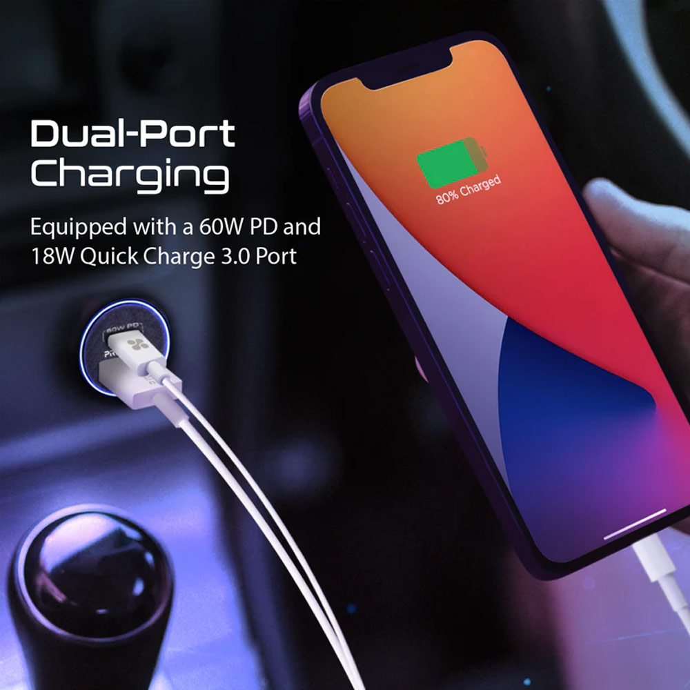 Picture of Promate 60W USB-C� Car Charger Super-Fast Type-C� Power Delivery Car Charger with 18W Quick Charge 3.0 USB A Aluminum Alloy and Over Charging Protection for MacBook Laptops iPhone Bullet-PD60