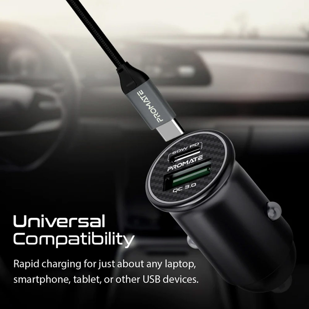 Picture of Promate 60W USB-C� Car Charger Super-Fast Type-C� Power Delivery Car Charger with 18W Quick Charge 3.0 USB A Aluminum Alloy and Over Charging Protection for MacBook Laptops iPhone Bullet-PD60