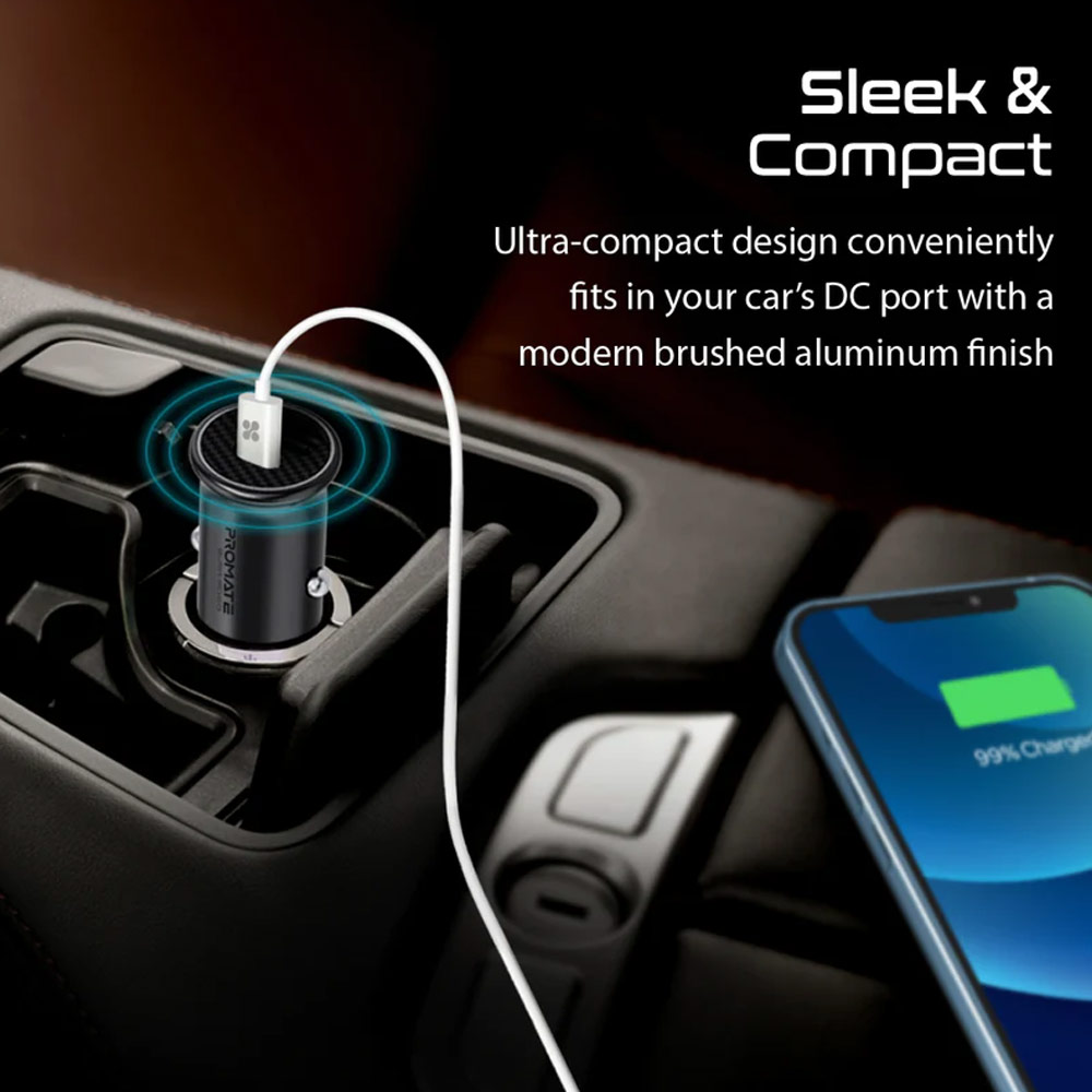 Picture of Promate 60W USB-C� Car Charger Super-Fast Type-C� Power Delivery Car Charger with 18W Quick Charge 3.0 USB A Aluminum Alloy and Over Charging Protection for MacBook Laptops iPhone Bullet-PD60
