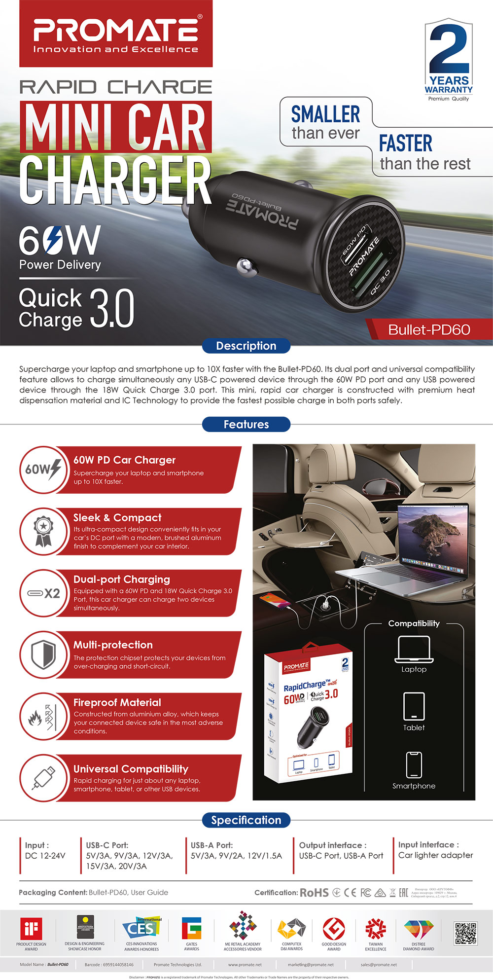 Picture of Promate 60W USB-C� Car Charger Super-Fast Type-C� Power Delivery Car Charger with 18W Quick Charge 3.0 USB A Aluminum Alloy and Over Charging Protection for MacBook Laptops iPhone Bullet-PD60