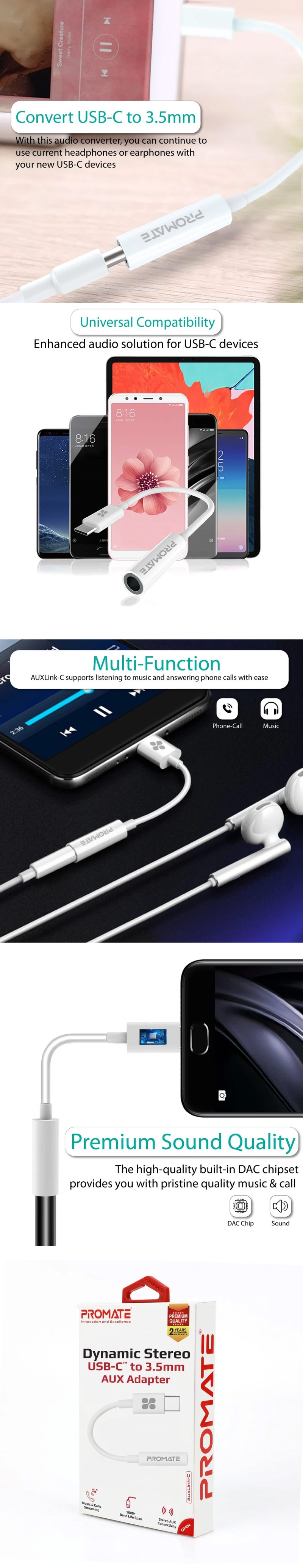 Picture of Promate USB-C to 3.5 mm Headphone Jack Adapter, Type C to 3.5mm Female Aux Audio Cable with HD Sound for Google Pixel 2 3 XL Samsung Huawei Moto OnePlus HTC Xiaomi AUXLink-C for Galaxy S23 Ultra