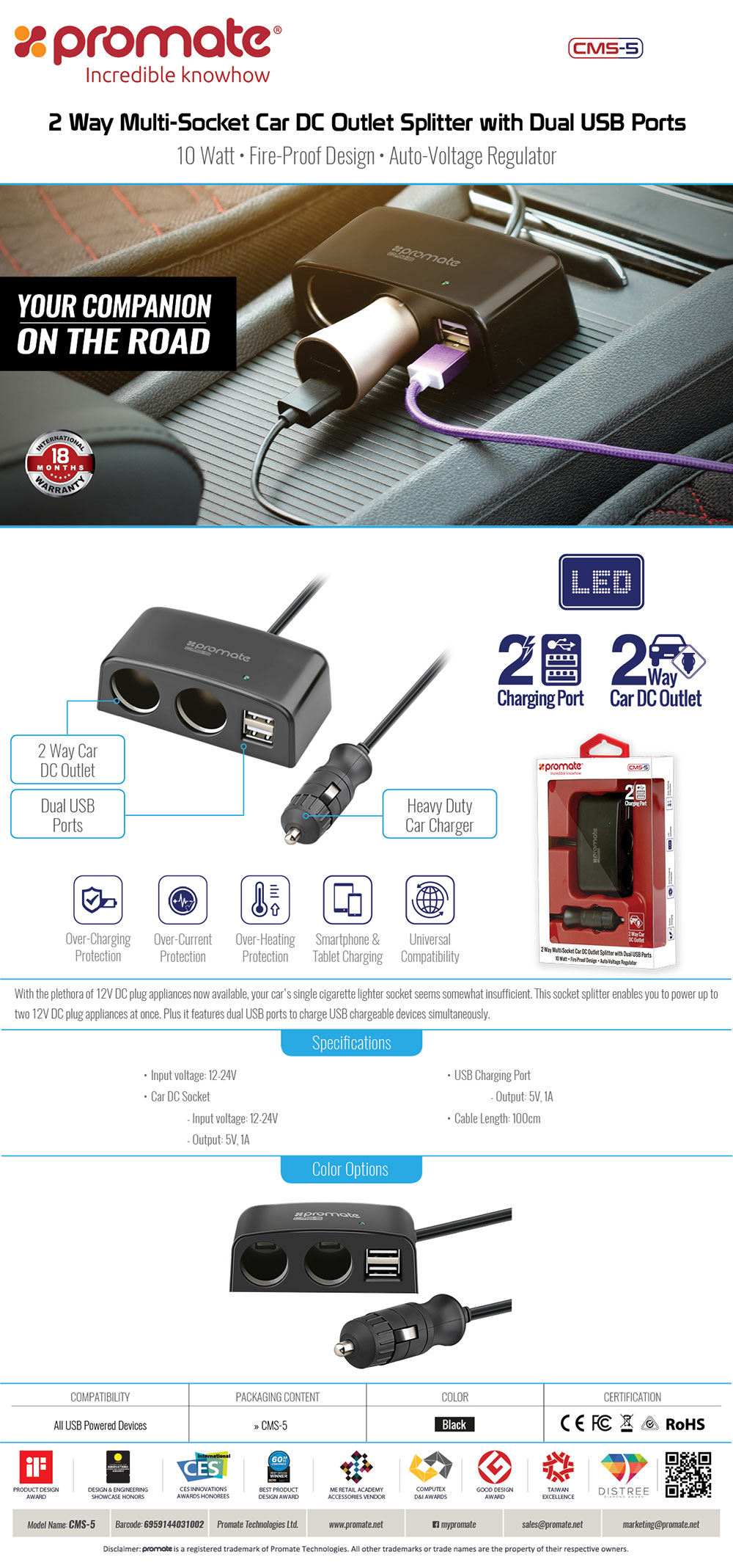 Picture of Promate CMS-5 Cigarette Lighter Adapter Multi-Functional 2 Way 12V Car Charger Lighter Socket Splitter Plug with 2 Dual USB