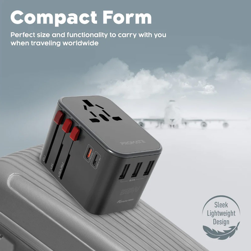 Picture of Promate Smart Charging Surge Protected Universal Travel Adapter Charger with USB C Port 18W Total Output 36W