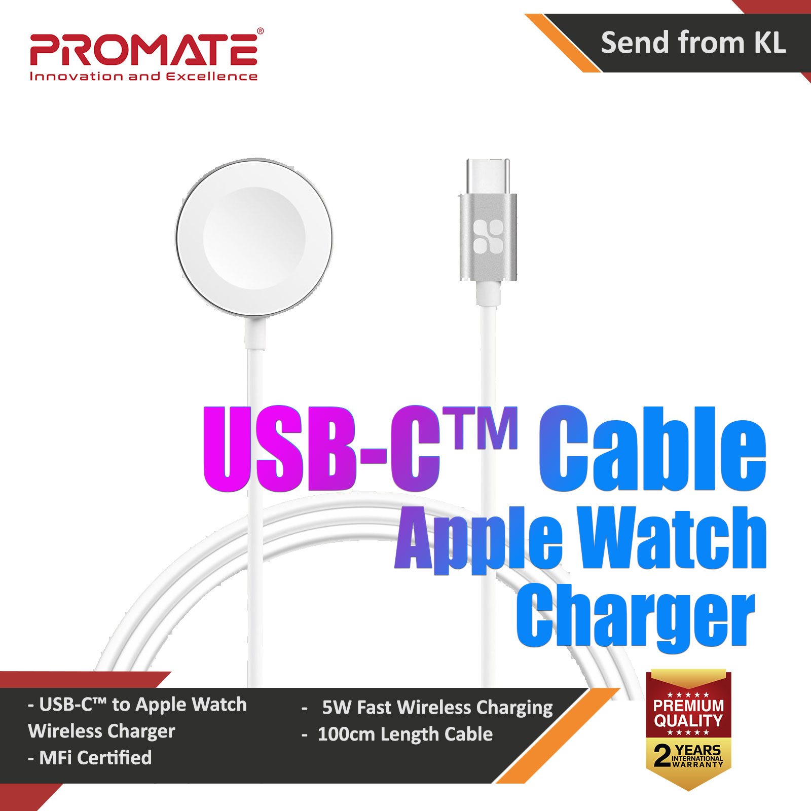Picture of Promate Apple Watch Charger to USB-C� Cable Fast Charging 5W Apple MFi Certified Magnetic Wireless Charging Cord with Anti-Tangle 100cm Cord and Over-Heating Protection for Apple Watch Series 7 8 6 5 4 3 2 1  AuraCord-C Apple Watch 40mm- Apple Watch 40mm Cases, Apple Watch 40mm Covers, iPad Cases and a wide selection of Apple Watch 40mm Accessories in Malaysia, Sabah, Sarawak and Singapore 
