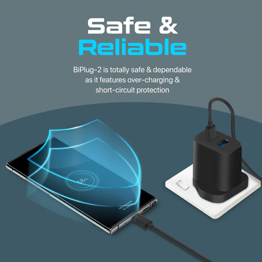 Picture of Promate 17W High Speed Dual Port Charger USB-C USB-A Port Compact Design Charger (Black)