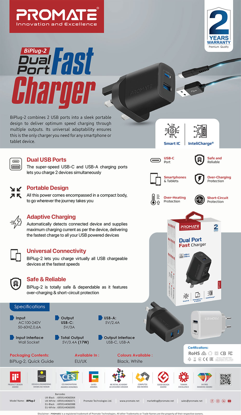 Picture of Promate 17W High Speed Dual Port Charger USB-C USB-A Port Compact Design Charger (White)