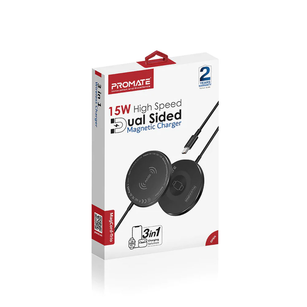 Picture of  Apple Airpods 2 Charger | Promate 3-in-1 Wireless Charger Dual Sided Magnetic Qi Wireless Charging Pad with 15W Mag-Safe Charging for iPhone 13 14 Pro Max  5W Apple Watch AirPods Pro Charger and USB-C� Connector for All Qi-Enabled Devices MagCord-Trio (Black)