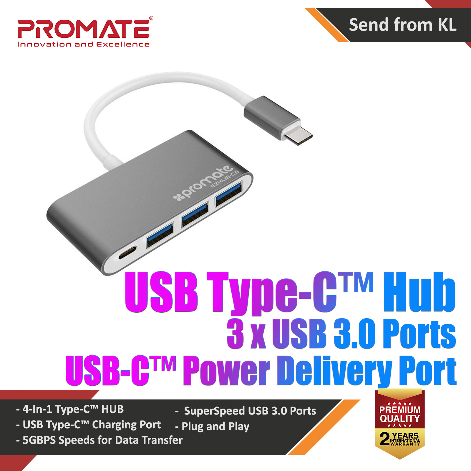Picture of Promate USB Type-C� Adapter Premium USB-C� Hub to 3 USB 3.0 Ports with Sync and Charge 5Gbps Data Transfer Speed and USB-C� Recharging Port for Camera Smartphones Tablets and All Type-C� Laptops EZHub-C3 Red Design- Red Design Cases, Red Design Covers, iPad Cases and a wide selection of Red Design Accessories in Malaysia, Sabah, Sarawak and Singapore 