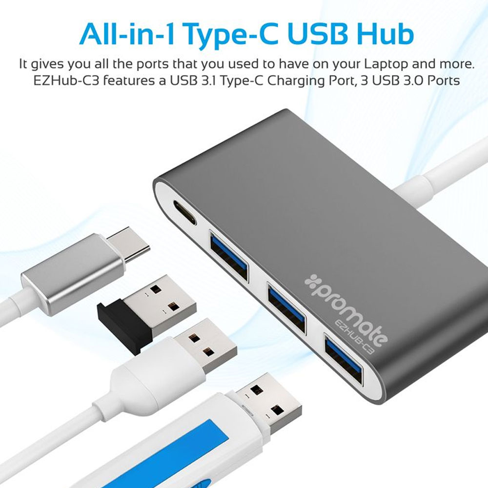 Picture of Promate USB Type-C� Adapter Premium USB-C� Hub to 3 USB 3.0 Ports with Sync and Charge 5Gbps Data Transfer Speed and USB-C� Recharging Port for Camera Smartphones Tablets and All Type-C� Laptops EZHub-C3
