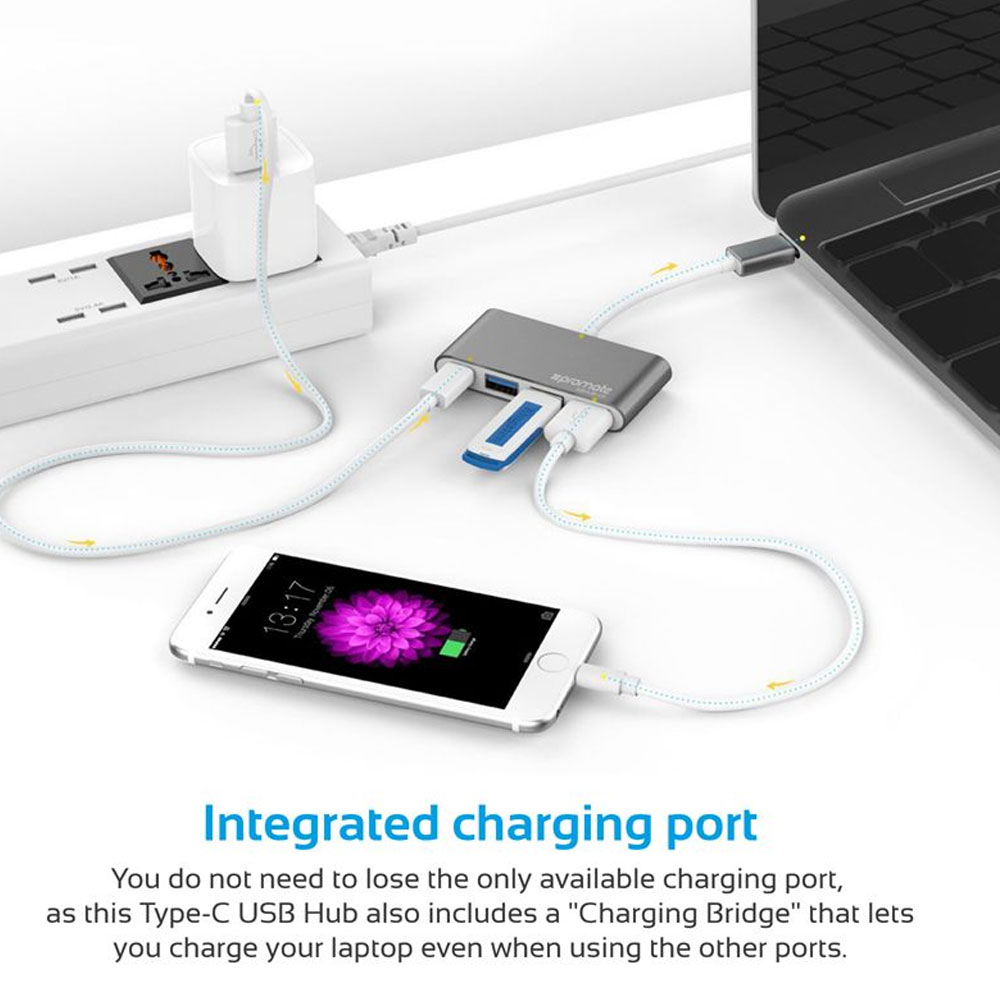 Picture of Promate USB Type-C� Adapter Premium USB-C� Hub to 3 USB 3.0 Ports with Sync and Charge 5Gbps Data Transfer Speed and USB-C� Recharging Port for Camera Smartphones Tablets and All Type-C� Laptops EZHub-C3