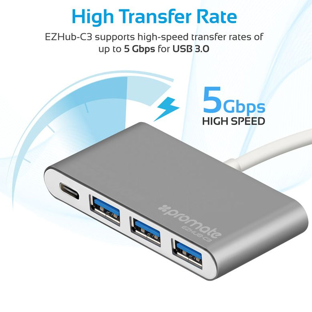 Picture of Promate USB Type-C� Adapter Premium USB-C� Hub to 3 USB 3.0 Ports with Sync and Charge 5Gbps Data Transfer Speed and USB-C� Recharging Port for Camera Smartphones Tablets and All Type-C� Laptops EZHub-C3