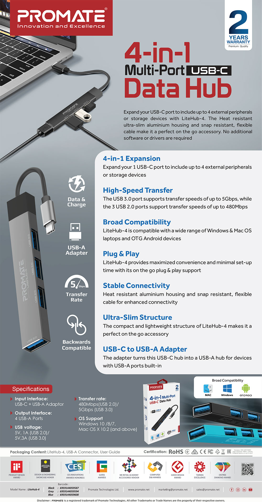 Picture of Promate USB-C Hub 4-in-1 Type-C Sync Charge Adapter with USB-A Adapter 5Gbps USB 3.0 Port 480Mbps USB 2.0 Ports and Compact Aluminum Design LiteHub-4 (Black)