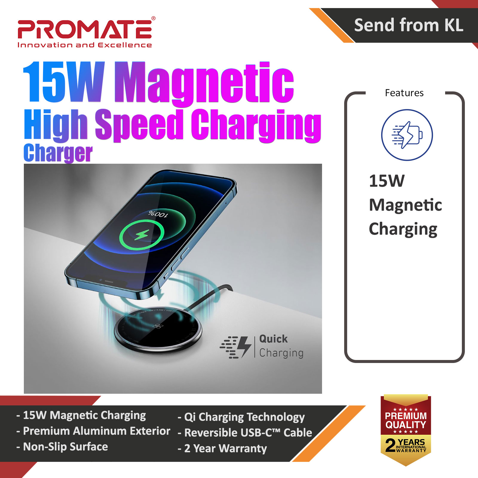 Picture of Promate Magnetic Wireless Charger 15W Fast Wireless Charging Pad Compatible with Mag Safe for iPhone 13 14 Pro Max with Anti-Fall Strong Magnetic Design and USB-C� Port for iPhone Samsung AirPods Pro MagTag-15W (Black)  Apple Airpods 2-  Apple Airpods 2 Cases,  Apple Airpods 2 Covers, iPad Cases and a wide selection of  Apple Airpods 2 Accessories in Malaysia, Sabah, Sarawak and Singapore 