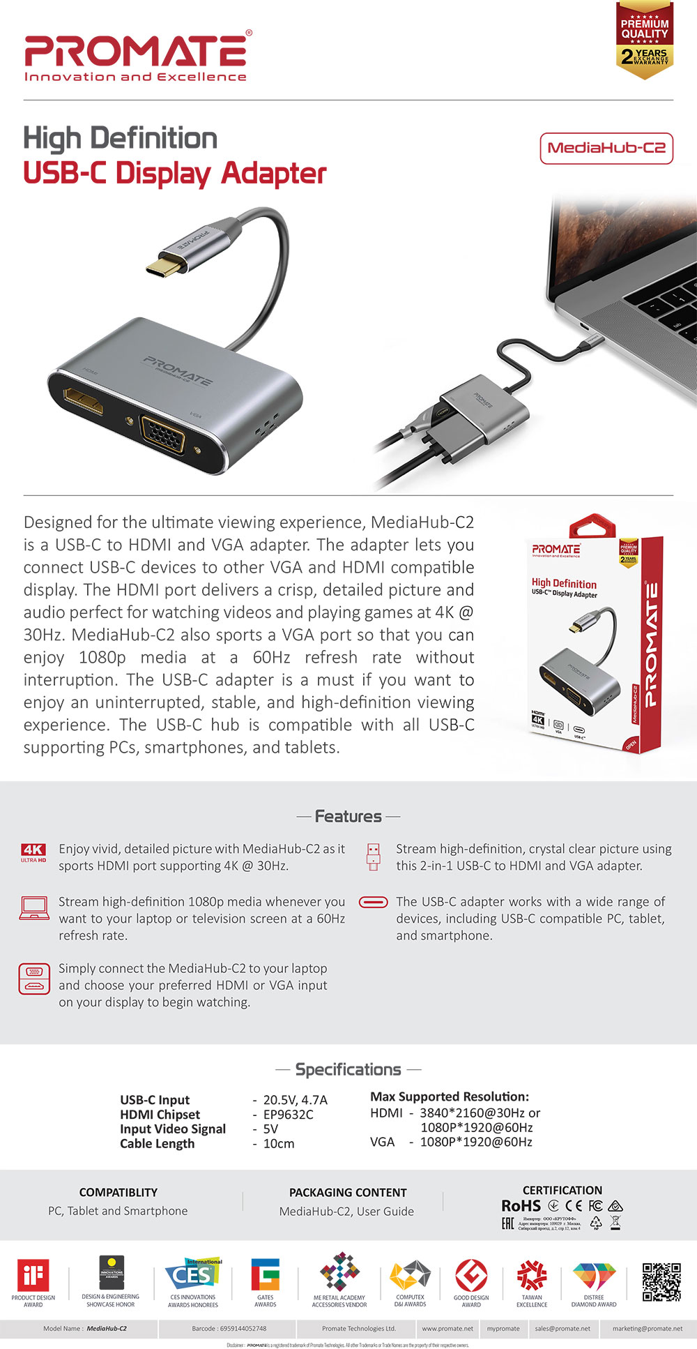 Picture of Promate USB-C to VGA and HDMI Adapter High Definition Aluminium USB-C to VGA HDMI Converter 4K Ultra HD Adapter with 1080 VGA and Dual Screen Display Support for Nintendo Switch MacBook Pro Macbook Air iPad Pro MediaHub-C2