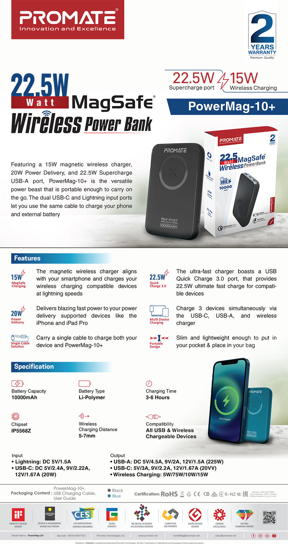 Picture of Promate 10000mAh Magnetic Wireless Power Bank Powerbank 15W Wireless 22.5W QC3 Output 20W Power Delivery (Black)