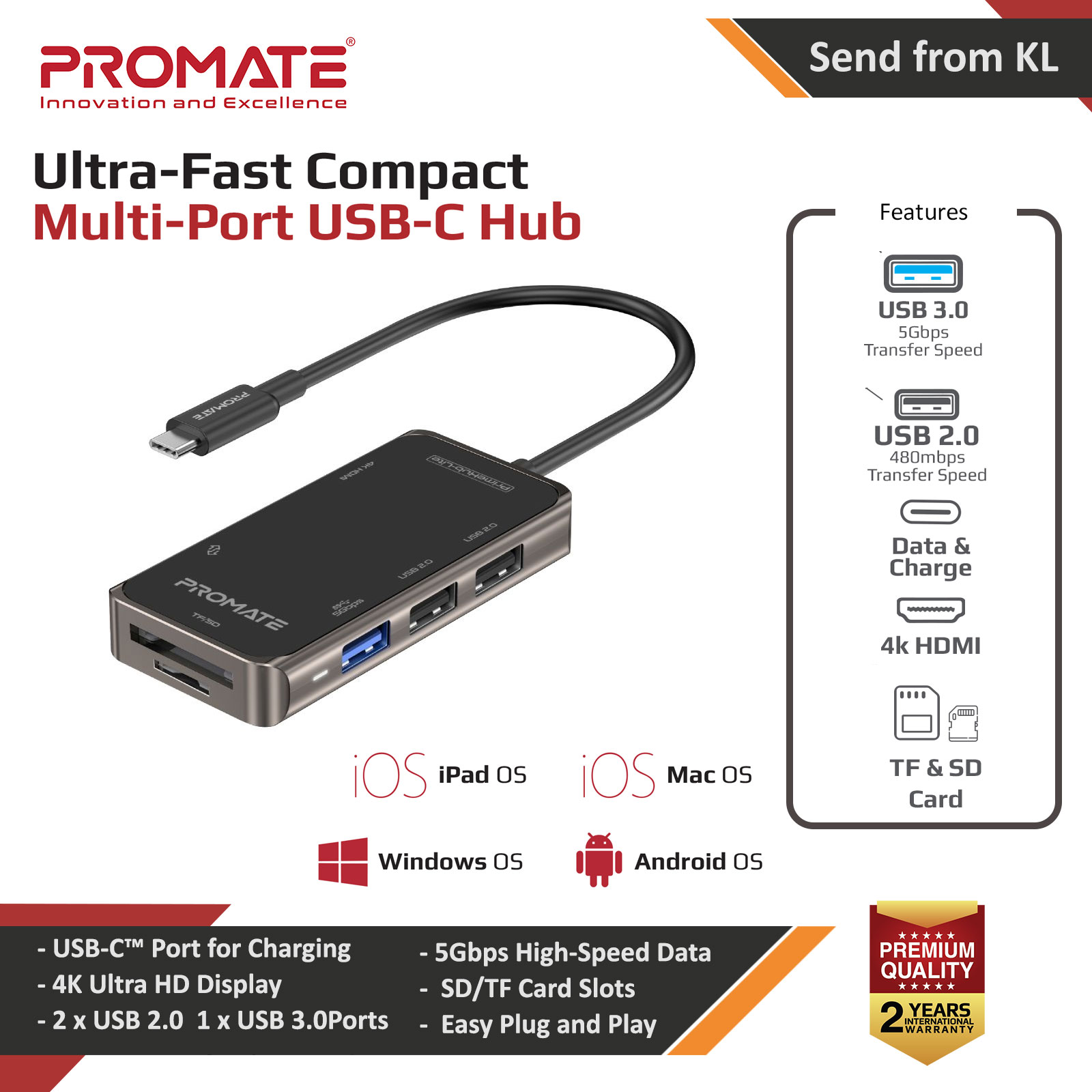 Picture of Promate 7 in 1 USB-C� Hub with 4K HDMI Micro SD Card Reader Slot 3 USB Ports Sync Charge USB-C� Port PrimeHub-Lite Red Design- Red Design Cases, Red Design Covers, iPad Cases and a wide selection of Red Design Accessories in Malaysia, Sabah, Sarawak and Singapore 
