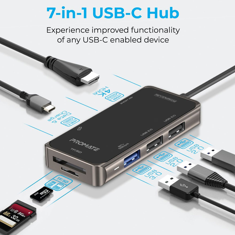 Picture of Promate 7 in 1 USB-C� Hub with 4K HDMI Micro SD Card Reader Slot 3 USB Ports Sync Charge USB-C� Port PrimeHub-Lite