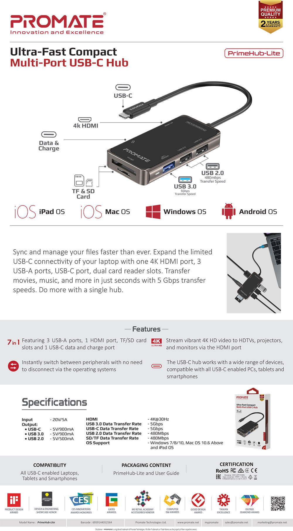 Picture of Promate 7 in 1 USB-C� Hub with 4K HDMI Micro SD Card Reader Slot 3 USB Ports Sync Charge USB-C� Port PrimeHub-Lite