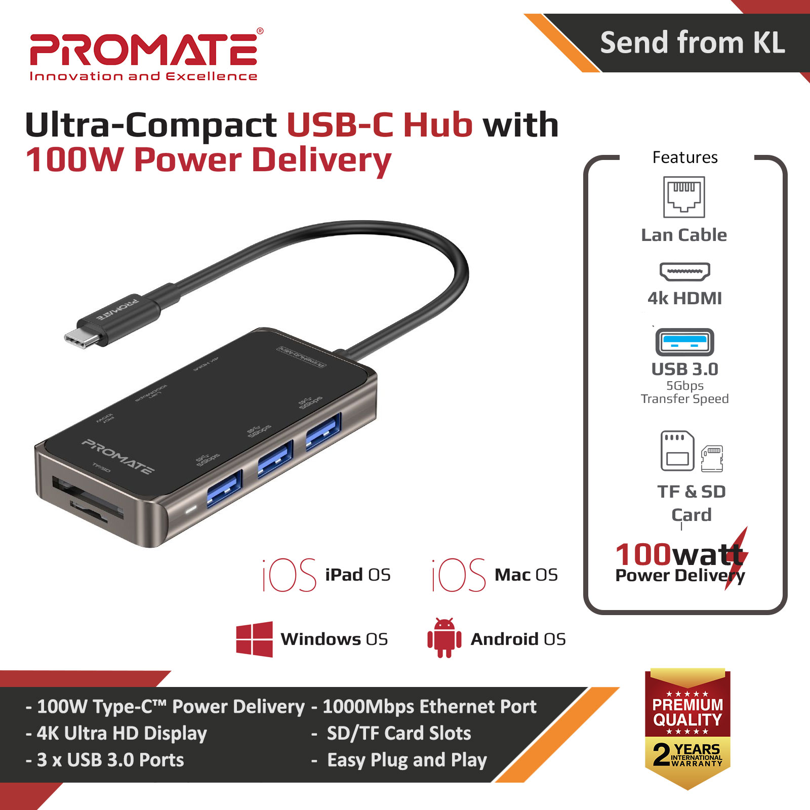 Picture of Promate USB-C� Hub to 4K HDMI 100W Power Delivery RJ45 Lan Ethernet Port 3 USB 3.0 Ports Micro SD Slot PrimeHub-Mini Red Design- Red Design Cases, Red Design Covers, iPad Cases and a wide selection of Red Design Accessories in Malaysia, Sabah, Sarawak and Singapore 