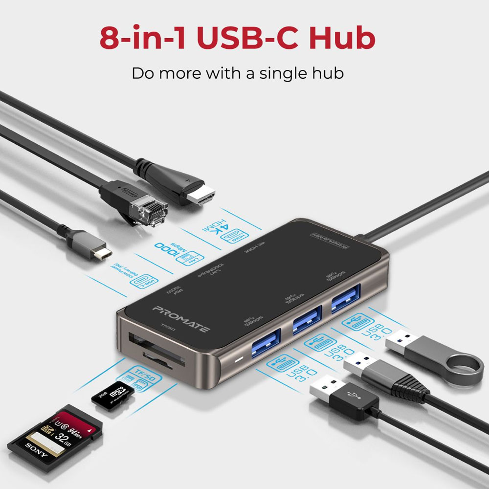 Picture of Promate USB-C� Hub to 4K HDMI 100W Power Delivery RJ45 Lan Ethernet Port 3 USB 3.0 Ports Micro SD Slot PrimeHub-Mini