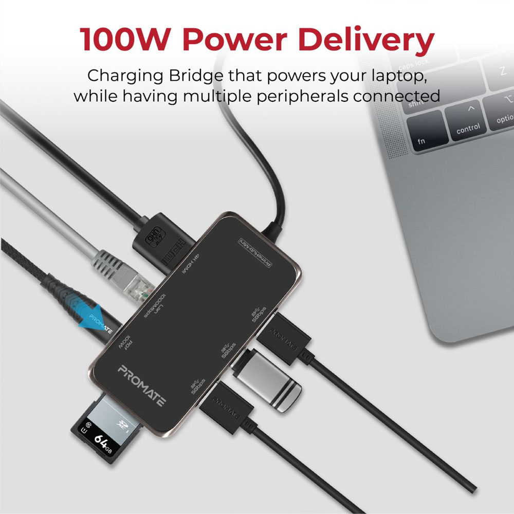 Picture of Promate USB-C� Hub to 4K HDMI 100W Power Delivery RJ45 Lan Ethernet Port 3 USB 3.0 Ports Micro SD Slot PrimeHub-Mini