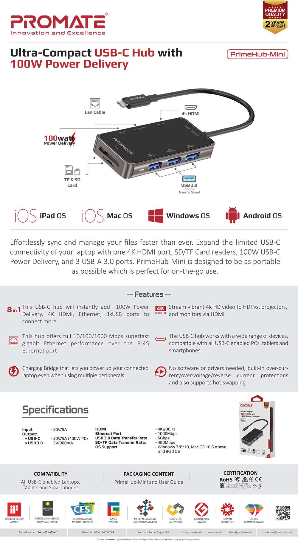 Picture of Promate USB-C� Hub to 4K HDMI 100W Power Delivery RJ45 Lan Ethernet Port 3 USB 3.0 Ports Micro SD Slot PrimeHub-Mini