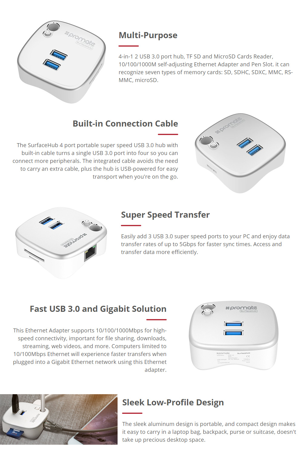 Picture of Promate All-in-One Portable USB 3.0 Docking Station USB 3.0 Card Reader Lan Port Pen Dock Compatible with Surface Pro 3 4 Surface Book Ultrabook Notebooks Laptops SurfaceHub